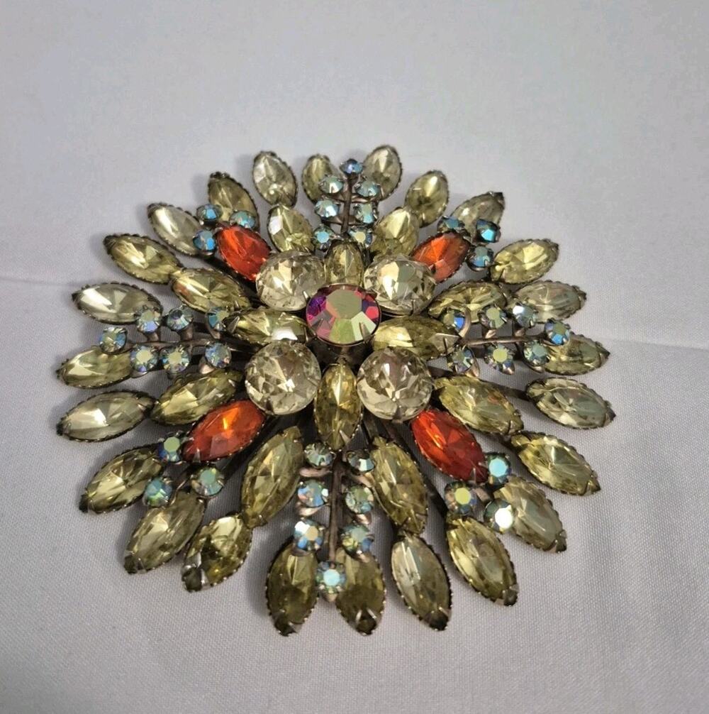 Vintage Large AB Rhinestone Brooch Yellow Orange Marquise Statement Pin
